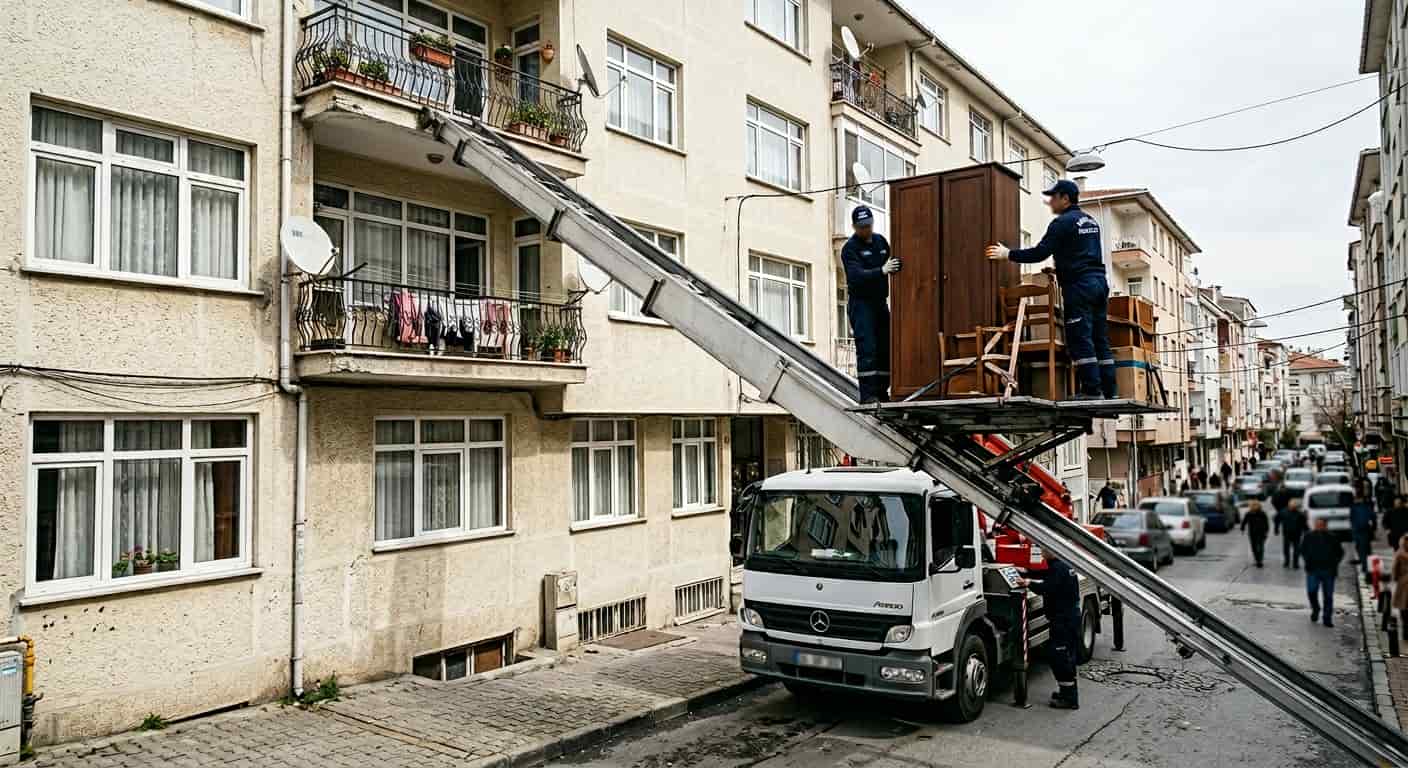 Gardırobun asansörle kamyon kasasına indirilmesi
